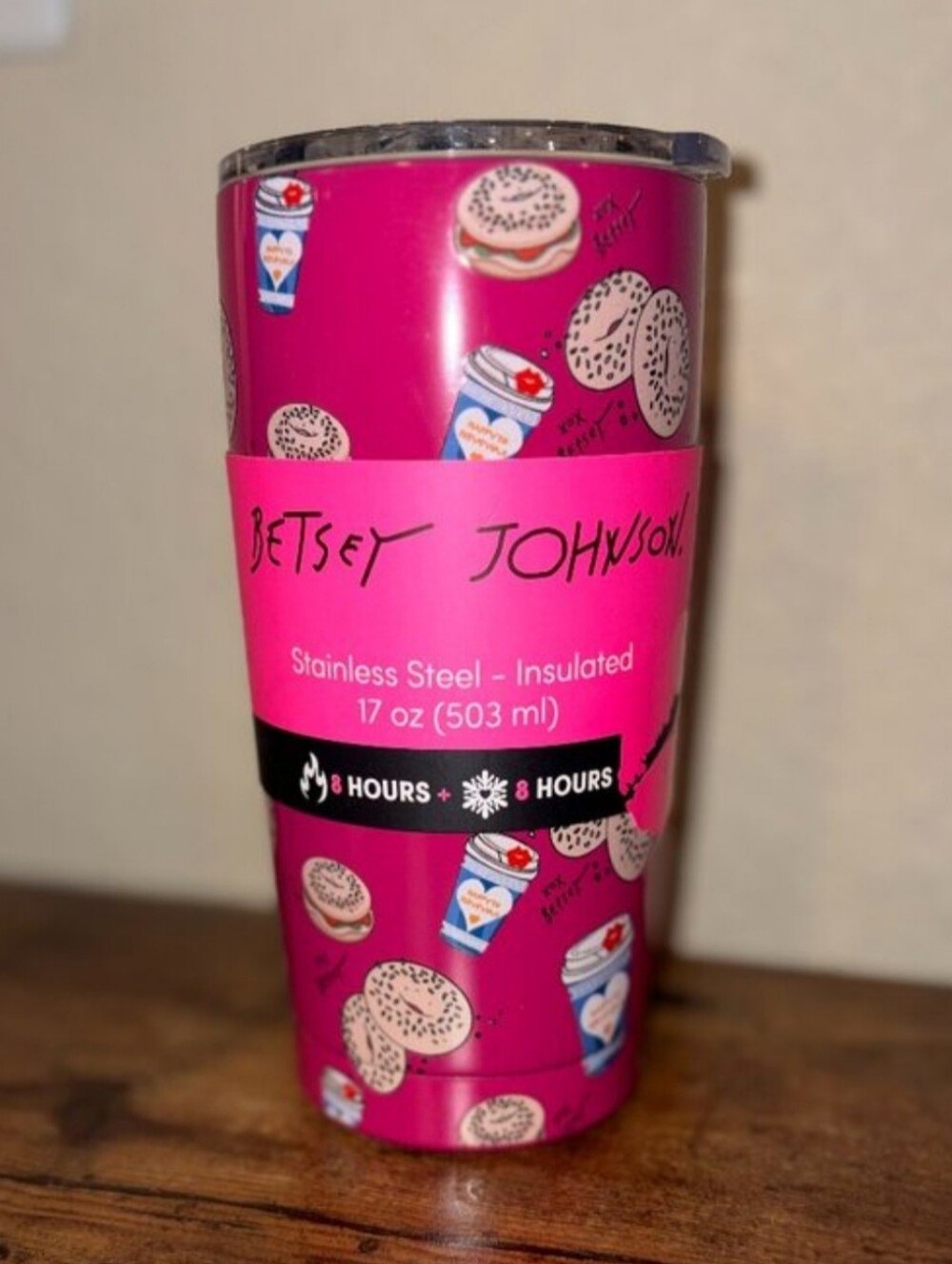 Betsey Johnson Pink Bagel & Coffee Stainless Steel Insulated Tumbler, NWT, 17oz
